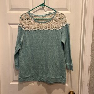 Maurices‎ Womens XL Top Blue Crochet Lace Crew Neck 3/4 Sleeve Pullover